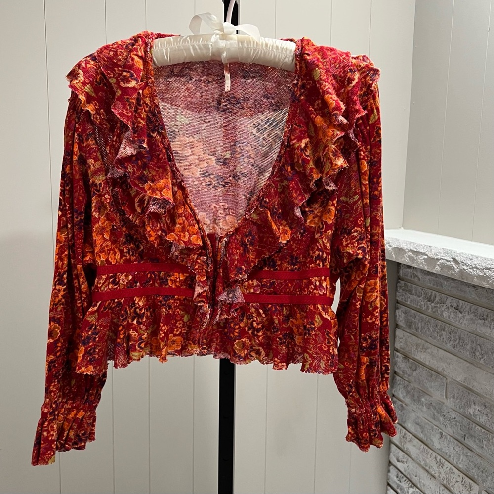 Free People Rudi Floral Ruffled V-Neck Long Sleeve Red Cropped Top M